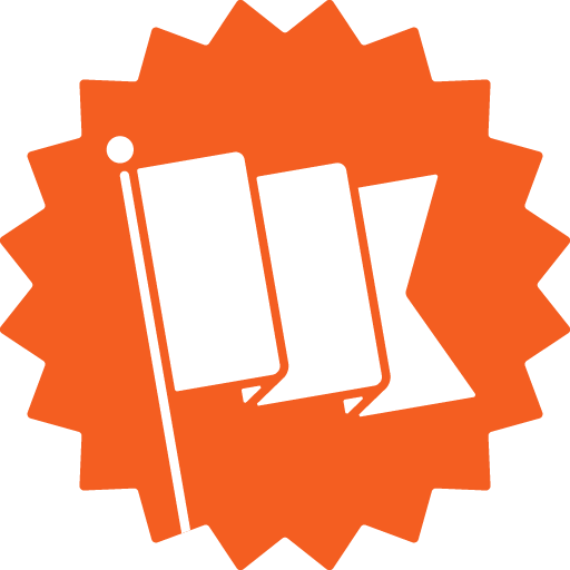 Orange sticker with a jagged edge containing a white flag