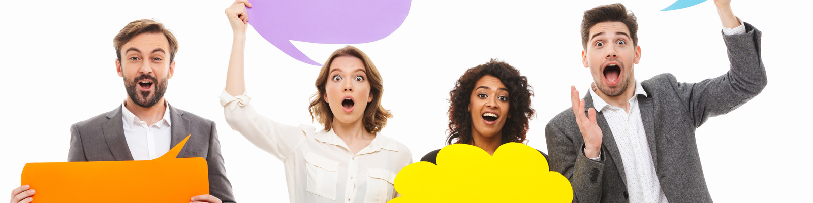 Portrait of a group of cheerful multiracial business people holding speaking icons and speech bubbles.