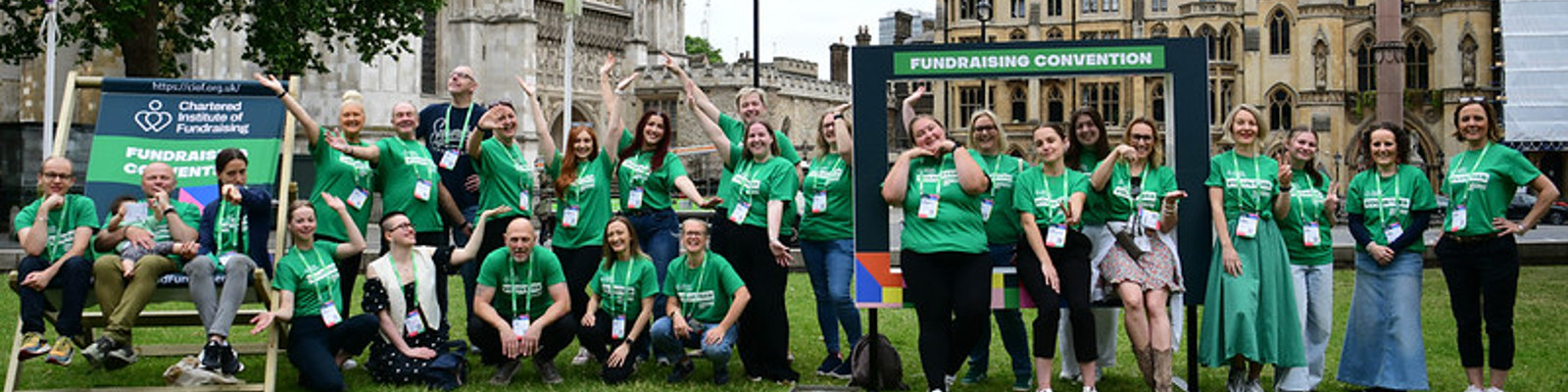 Photo of Fundraising Convnention Volunteers in a large group in front of West Minister Cathedral at Fundraising Convention 2026